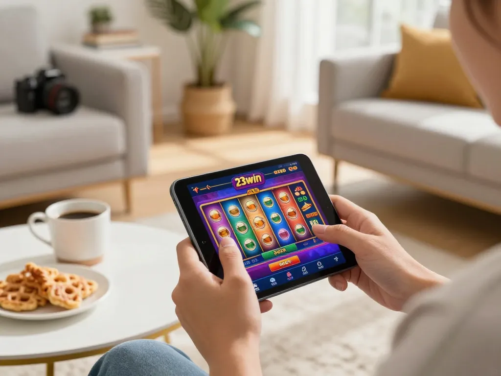 Engaging with the 23win app on a smartphone during exciting mobile gambling.