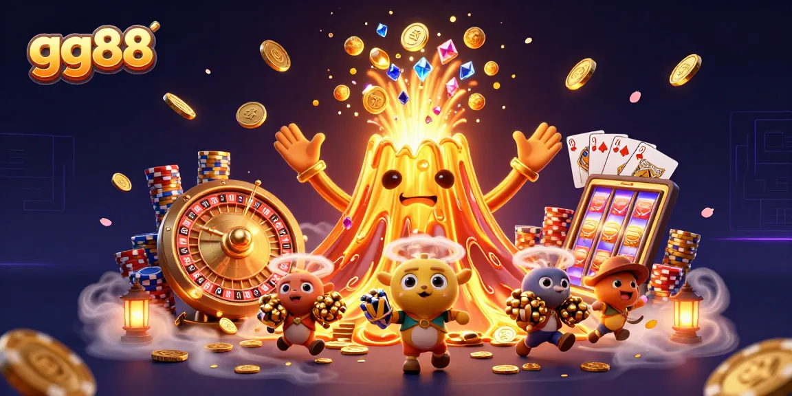Experience thrilling wins at gg88 with a vibrant 3D casino illustration showcasing treasure, excitement, and gaming elements.