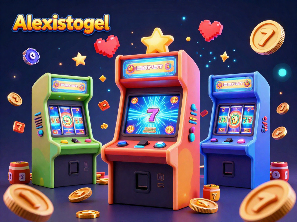 Alexistogel menyajikan suasana kasino slot penuh warna dengan mesin permainan 3D dan simbol jackpot.