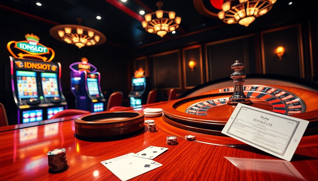Engaging player enjoying idnslot at a luxurious casino table with slot machines and poker chips.