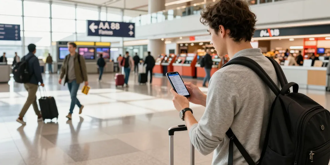 Traveler checking flight status for AA 88 at a busy airport terminal with warm lighting.
