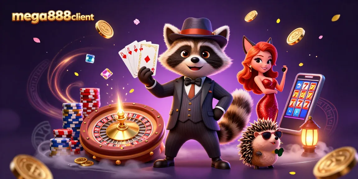 Engage with mega888client as a raccoon holds a royal flush while surrounded by casino elements.