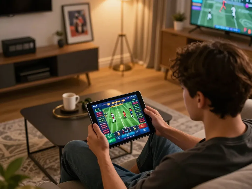 Engaging online sports betting session with tỷ lệ cá cược bóng đá displayed on tablet, blending comfort and strategy.