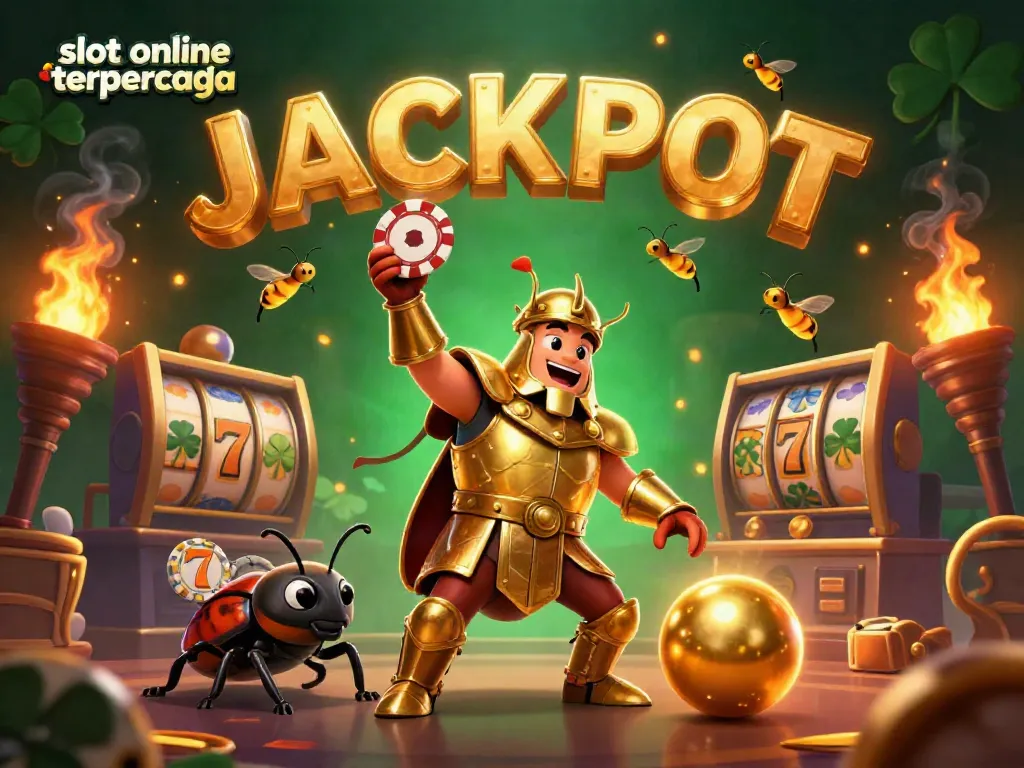 Pemain slot online terpercaya merayakan kemenangan dengan simbol jackpot dan koin emas bersinar.