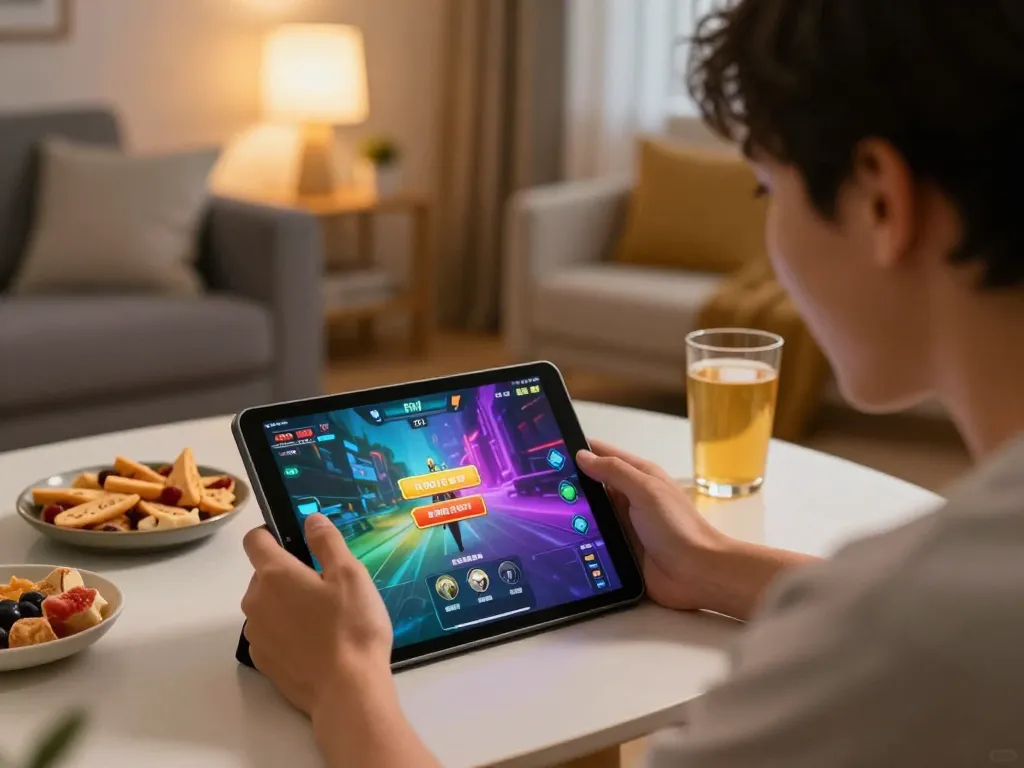 Player enjoying FN7 game on tablet in cozy home setting, highlighting online gaming excitement.