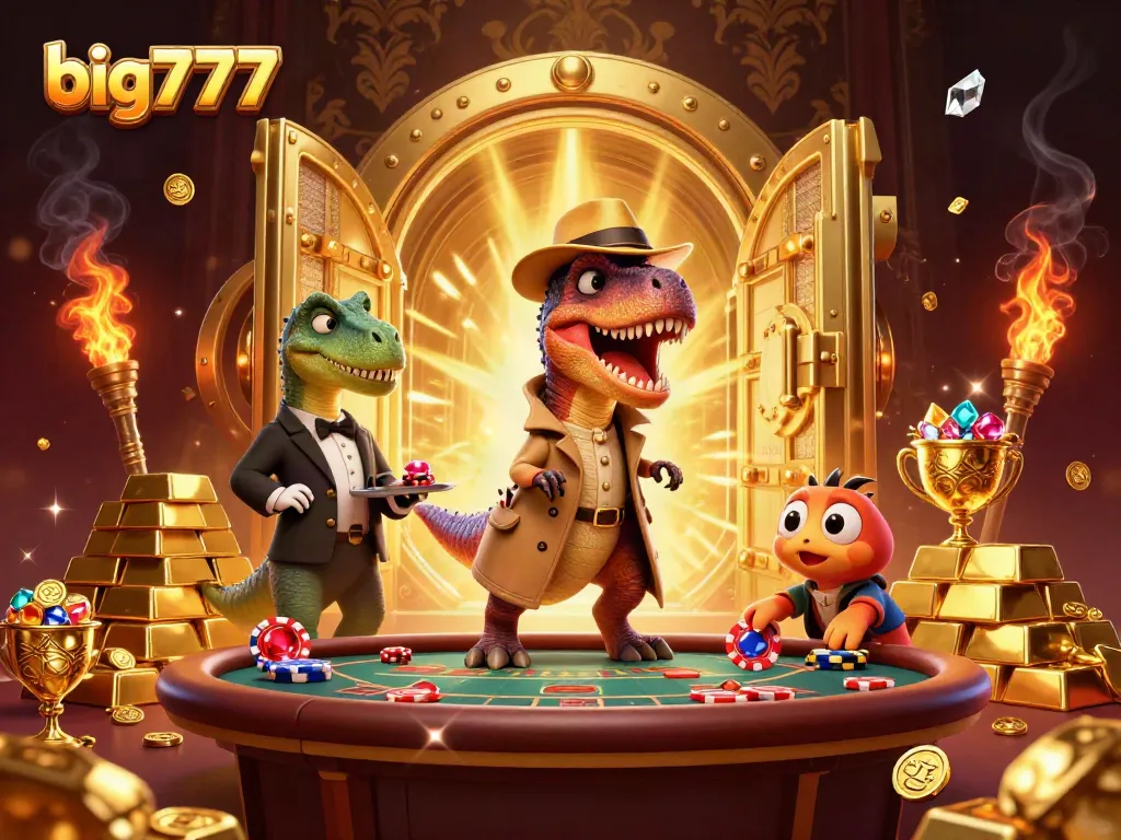 Experience big777 action at this vivid casino scene of a velociraptor card counter and his companions.