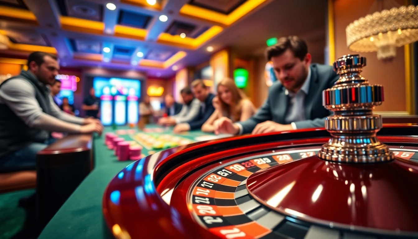 Experience the thrill of an online casino with a vibrant roulette game scene featuring engaged players.