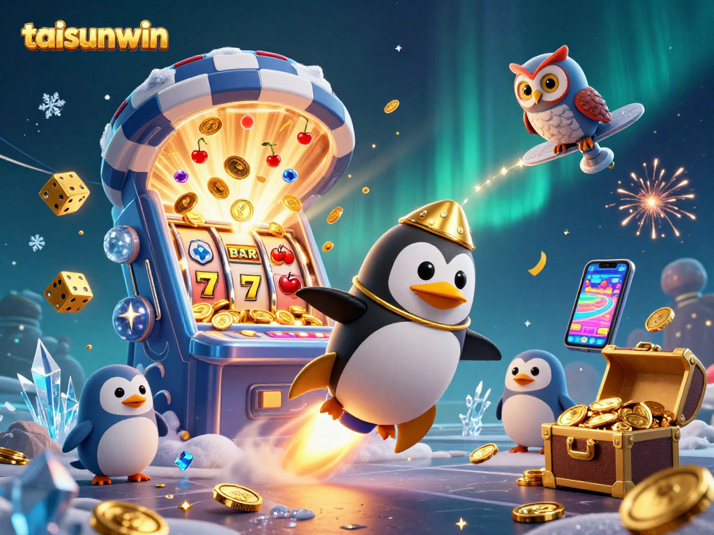 Engage with the thrilling atmosphere of taisunwin as a penguin rockets to a casino space station surrounded by jackpots and slot symbols.