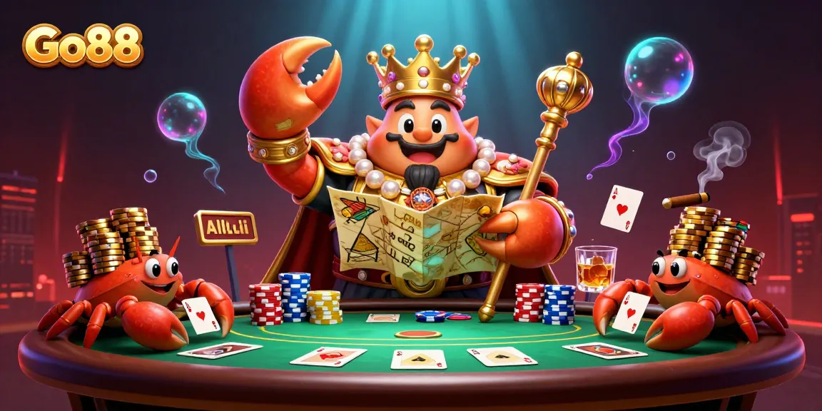 Experience thrilling action at Go88's gaming tables surrounded by golden treasures and vibrant characters.