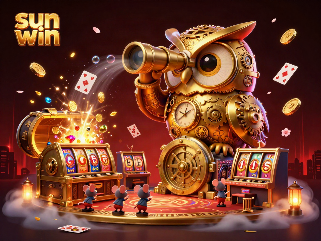 Spin the reels with sun win as the golden owl surveys a vibrant casino scene filled with treasures.