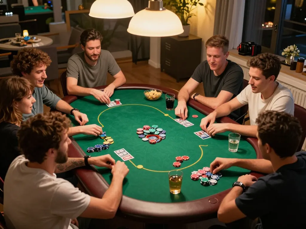 Create a Caricature of a lively home poker game with friends enjoying their gaming night, strategic hands displayed.