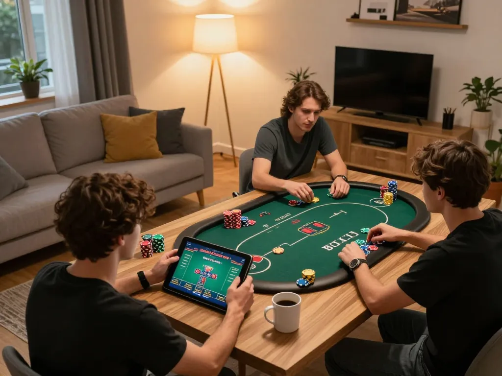 Engaged player using a tablet for online poker gaming at home with du88 strategy notes visible.