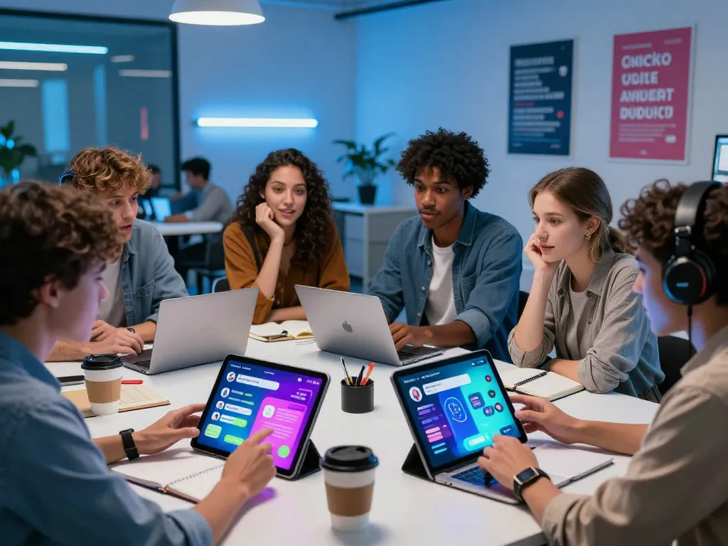 Vibrant group discussing ai sex chat features in a modern tech workspace
