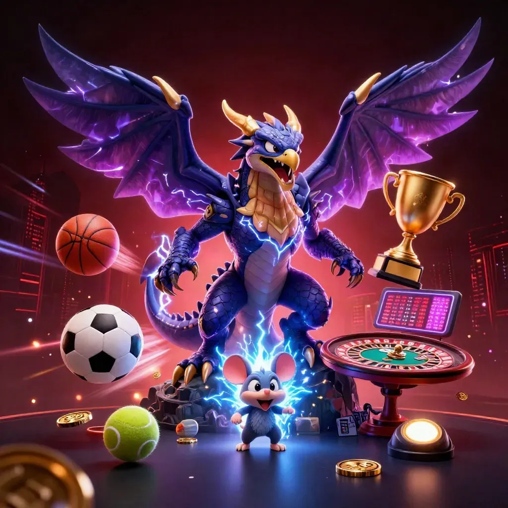Thunder dragon, hawk, and electric mouse amid casino treasures, sports balls, and neon lightning