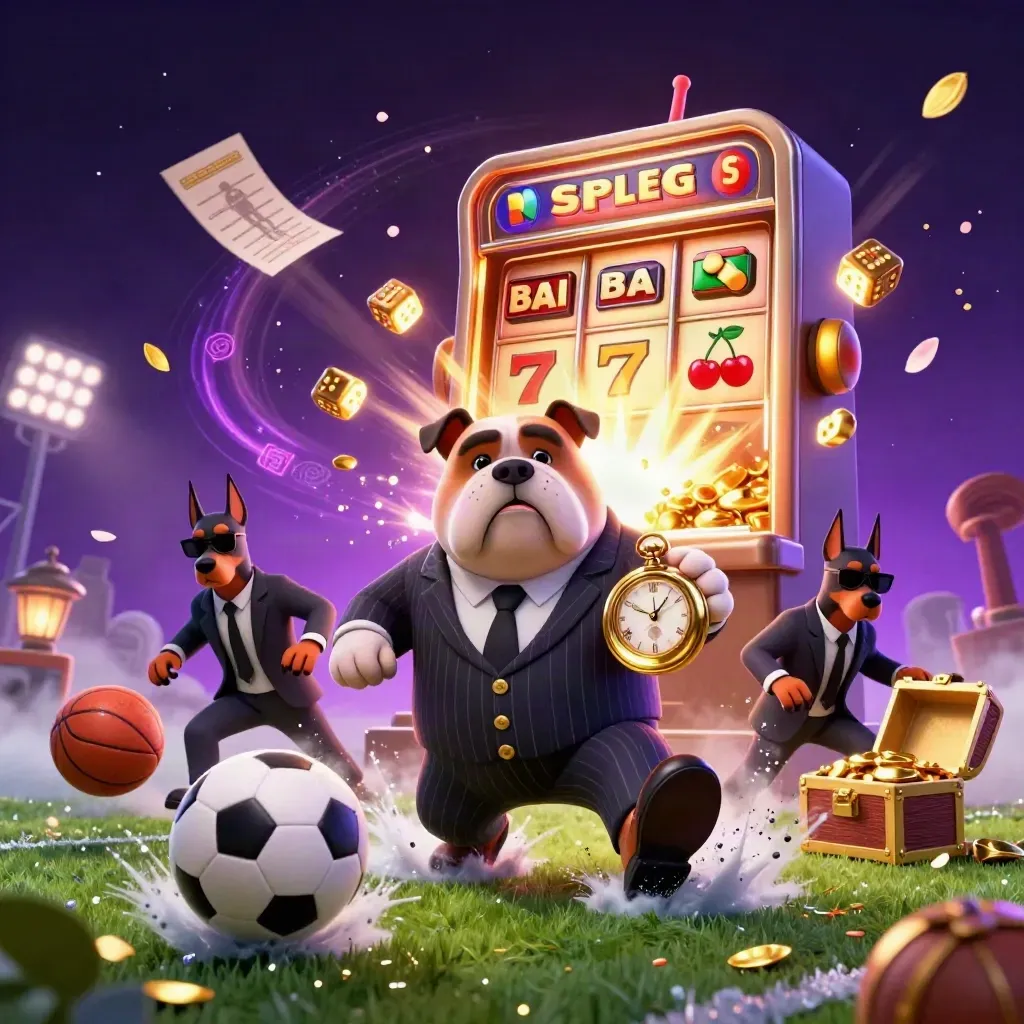 Bulldog boss and Dobermans amid exploding slot gold, balls, and sports gear in neon casino haze.