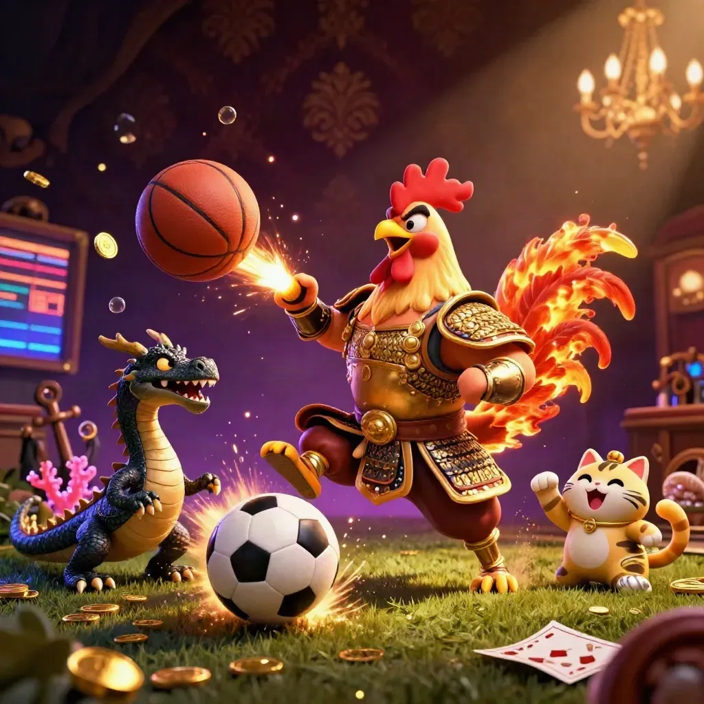 Rooster samurai, dragon hatchling, and fortune-cat amid sports balls, casino sparkles, and gold light.