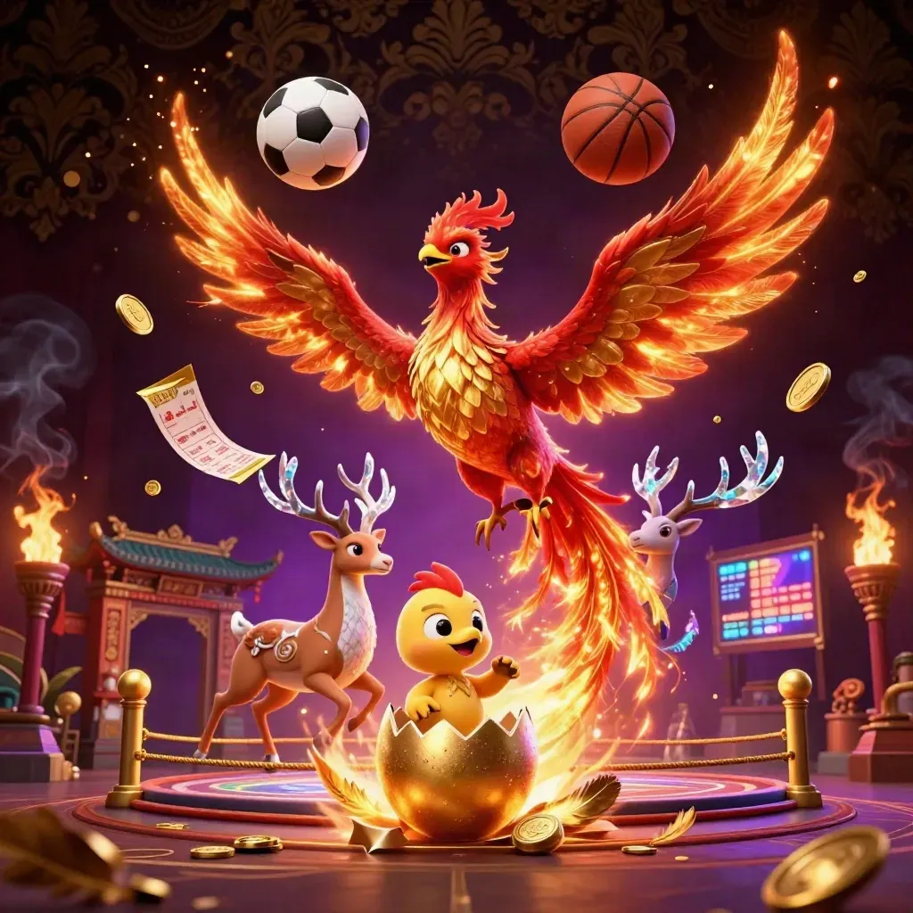 Fire phoenix, stag, and baby phoenix amid casino sports props, coins, embers, and luxe dark gold lighting.