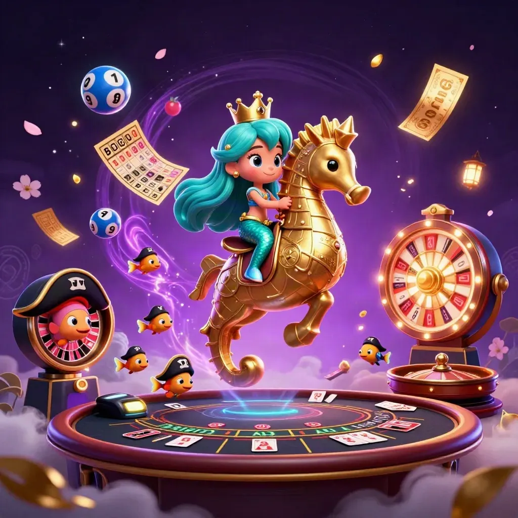 Mermaid princess on armored seahorse amid casino magic, wheels, cards, and glowing gold-purple lights.