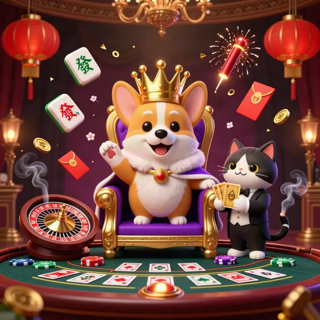 Crowned corgi and cat butler in a jeweled casino room with spinning roulette and lanterns