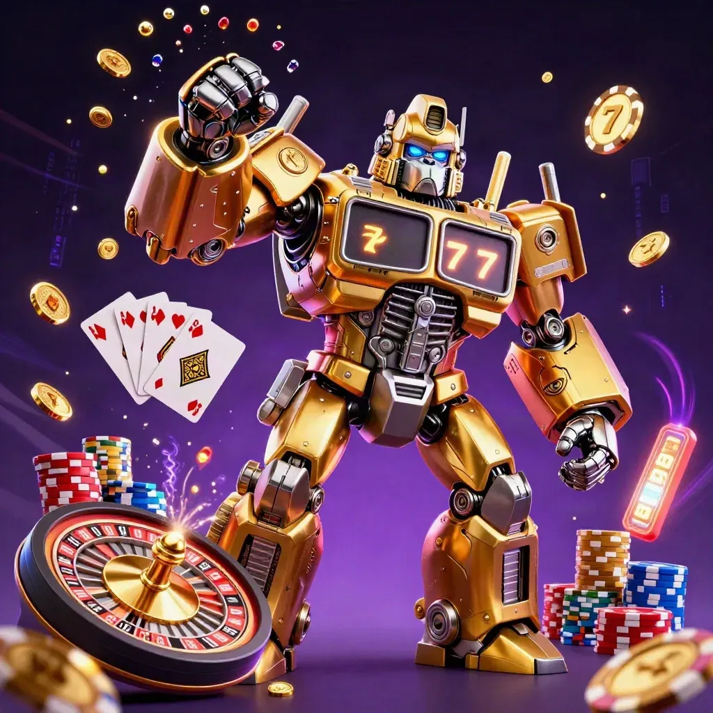 Golden gorilla mech with monkey pilot, coins, gems, roulette wheel, chips in purple casino glow.