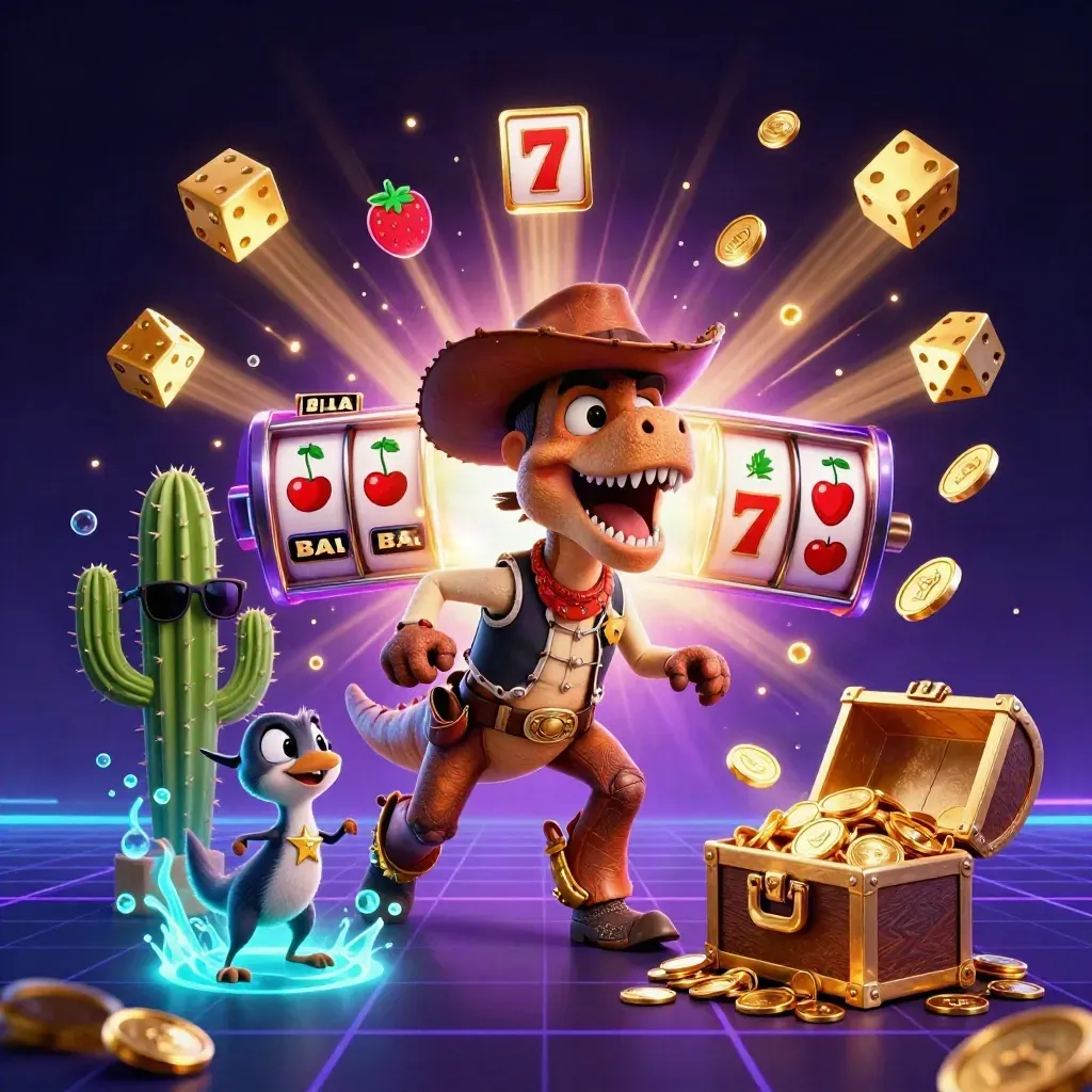 Cowboy T-Rex, cactus, and roadrunner burst from a glowing slot machine with gold, dice, and neon rays.