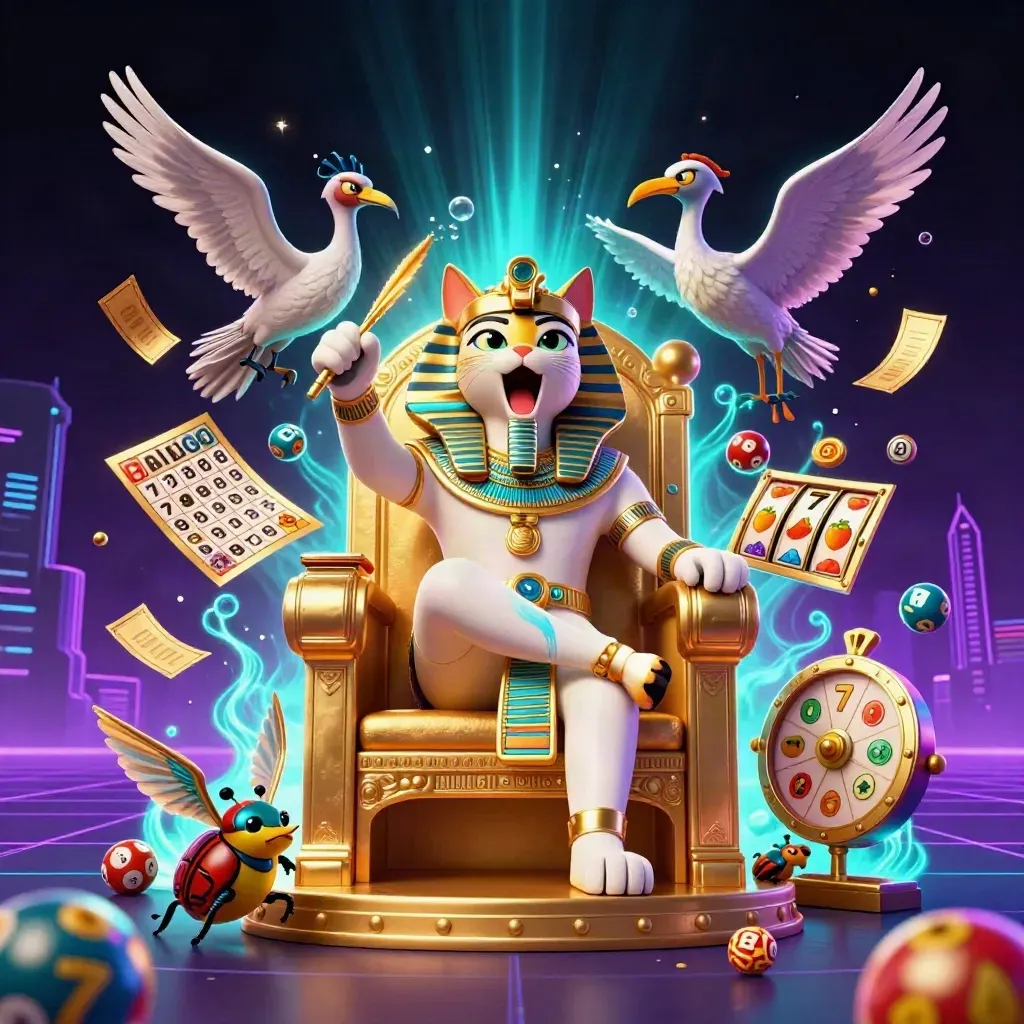 Pharaoh cat, ibis scribe, and gem-wing scarabs amid casino prizes on a neon throne scene