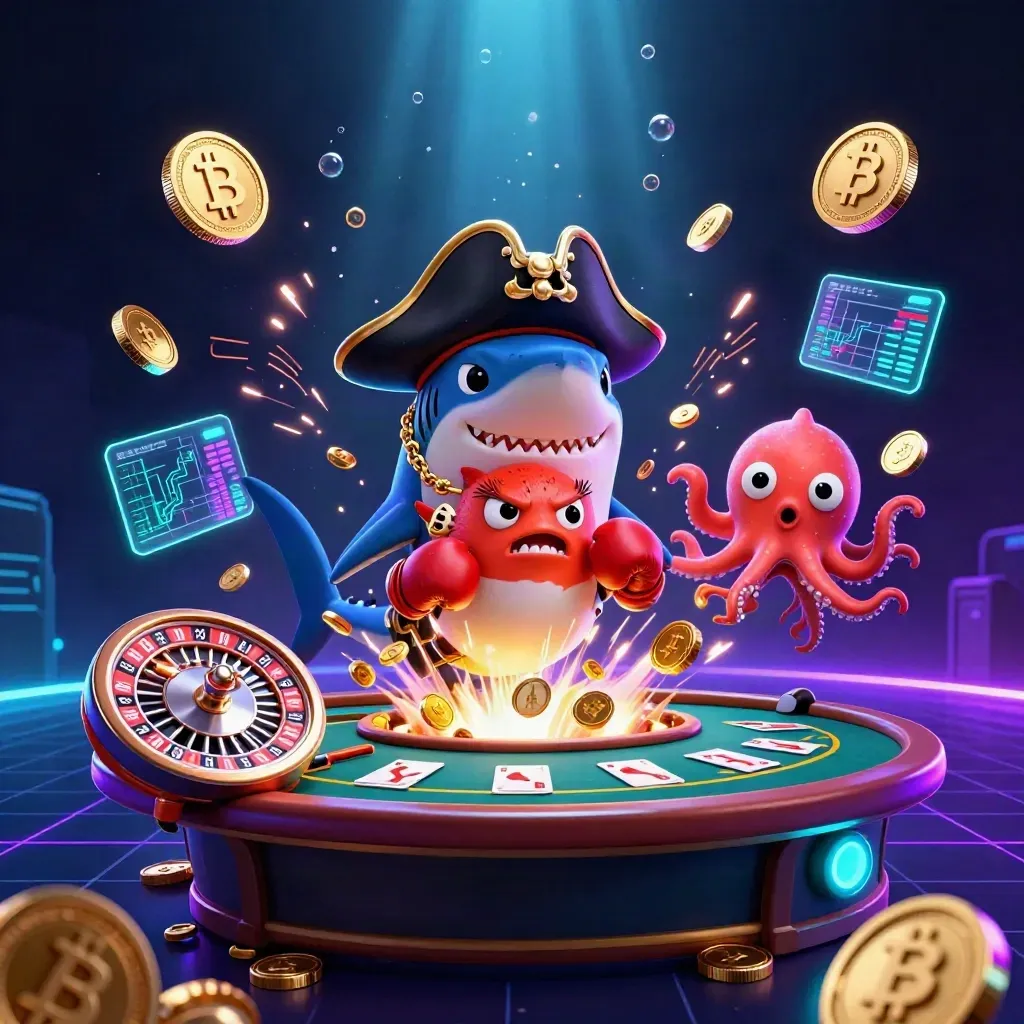 Pirate shark, boxing pufferfish, and juggling octopus amid coins, neon casino treasure burst