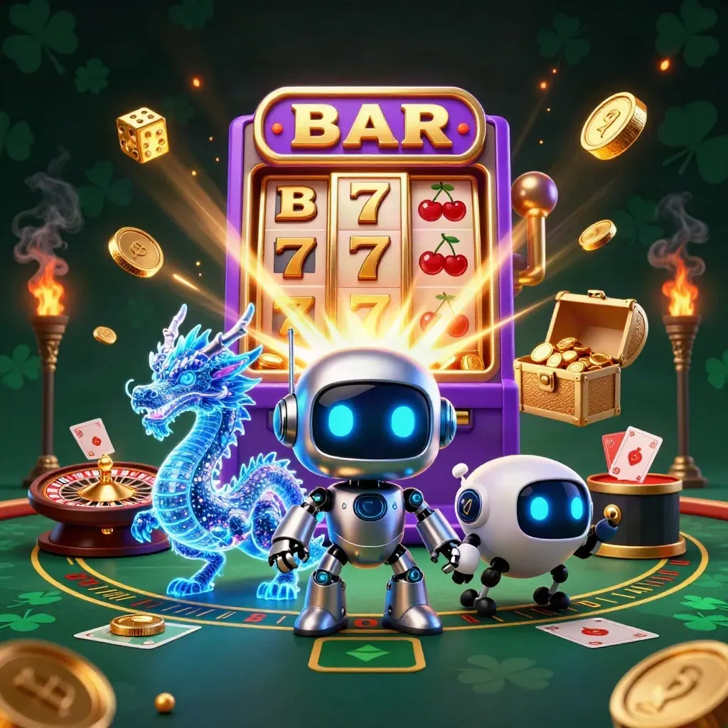 Robot, holographic dragon, and coin drone amid jackpot reels, gold treasure, and casino lights.