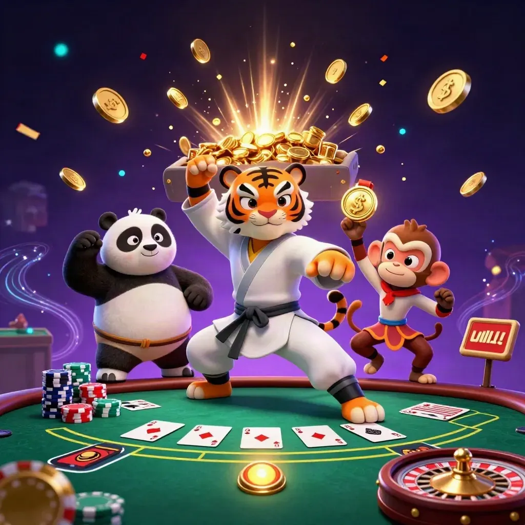 Tiger, panda, and monkey amid exploding vault coins, poker chips, cards, roulette, and fireworks
