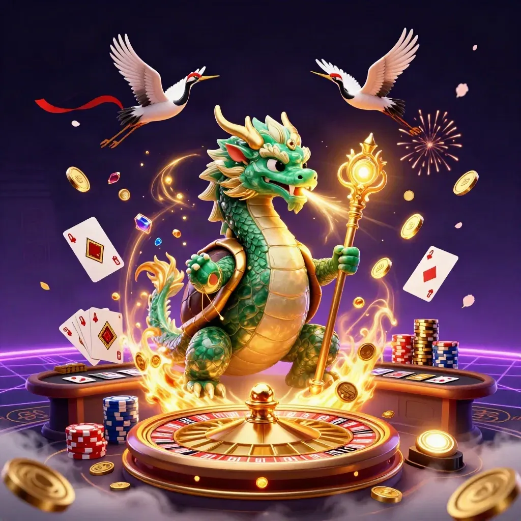 Emerald dragon, turtle sage, and cranes amid exploding coins, cards, chips, and casino glow.
