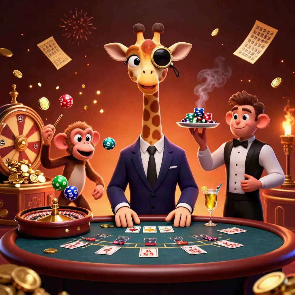 Giraffe high-roller, monkey valet and chameleon bartender amid casino lights and gold coins.