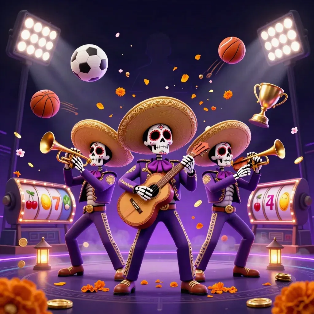 Skeleton mariachi trio amid casino sports bursts, coins, reels, and purple-gold neon glow.