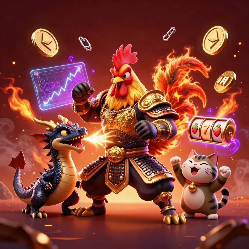 Rooster samurai, spark-breathing dragon hatchling, and cheering fortune cat amid casino coins and embers.
