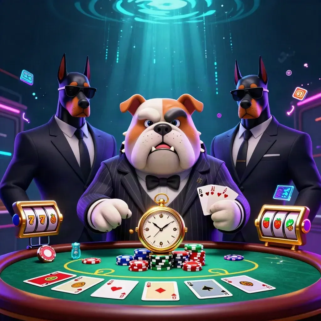 Bulldog mob boss with two Dobermans amid chips, cards, reels, and neon casino energy.