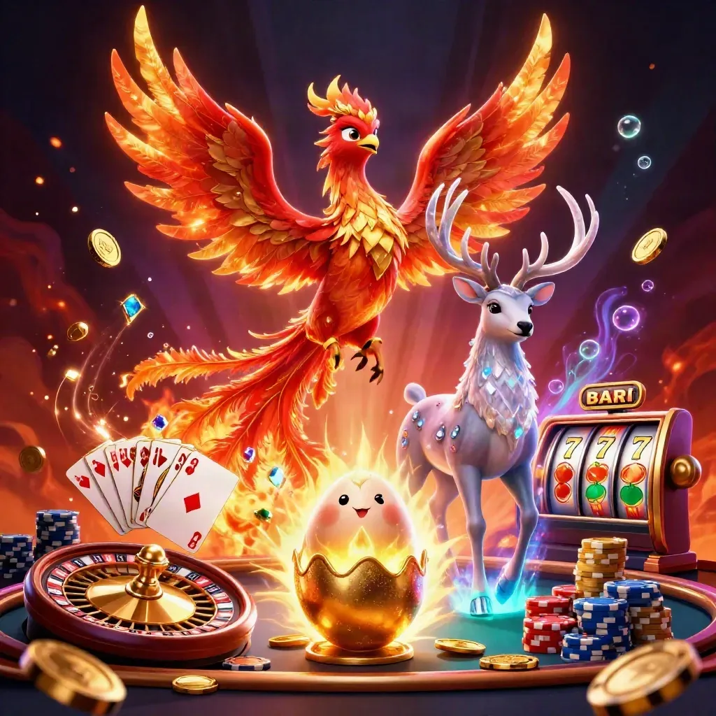 Phoenix, hatching egg, and crystalline stag amid casino effects and glowing coins