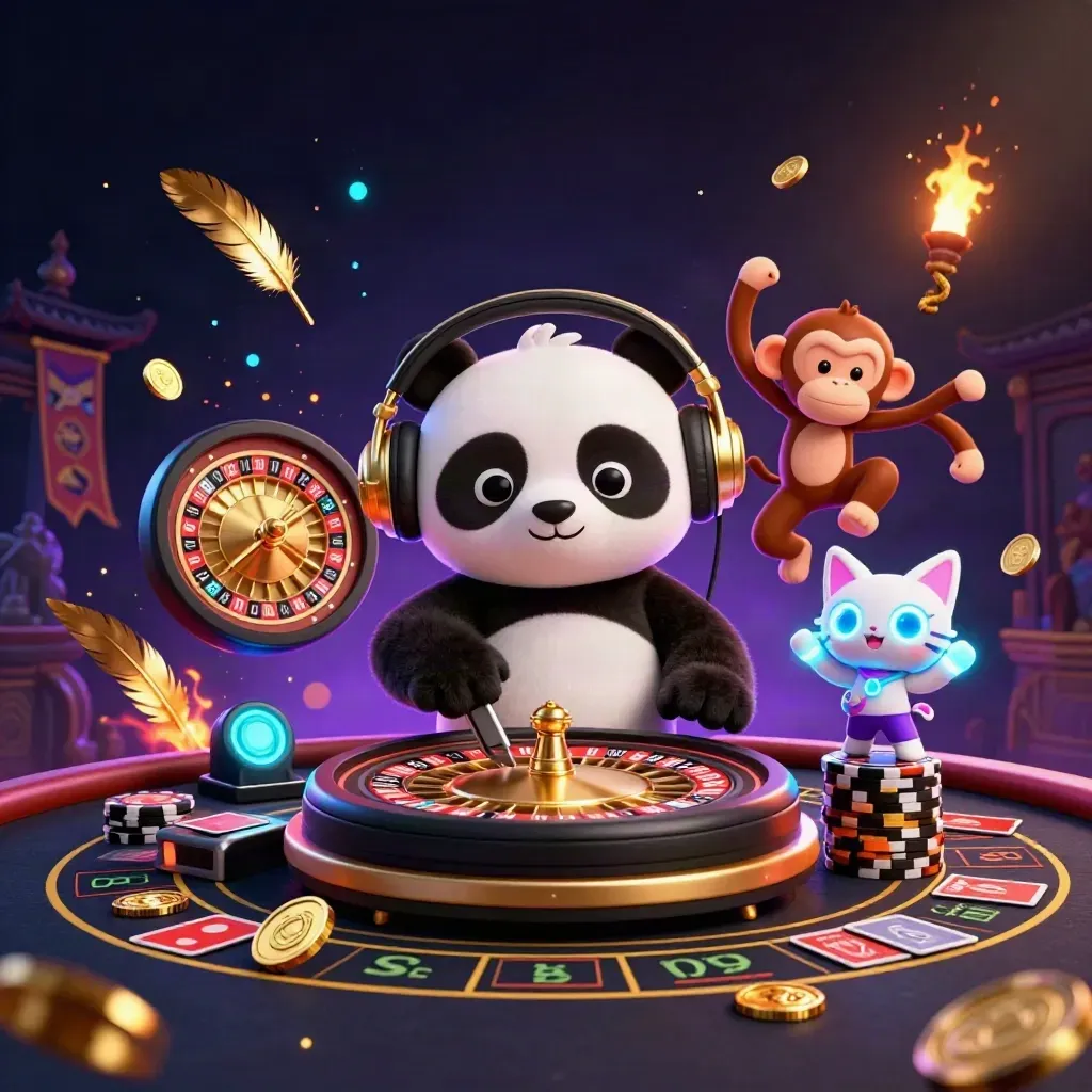DJ panda, dancing monkey, and glow-stick kitten amid casino props and neon gold sparks.