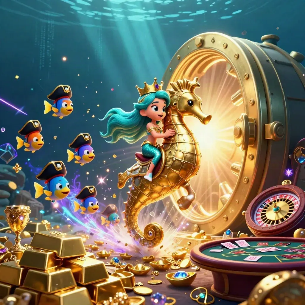 Mermaid princess on armored seahorse with pirate fish, treasure vault, casino symbols, and neon underwater glow.