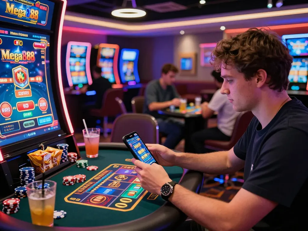 Player enjoying Mega888 APK on mobile, surrounded by colorful casino gaming elements.