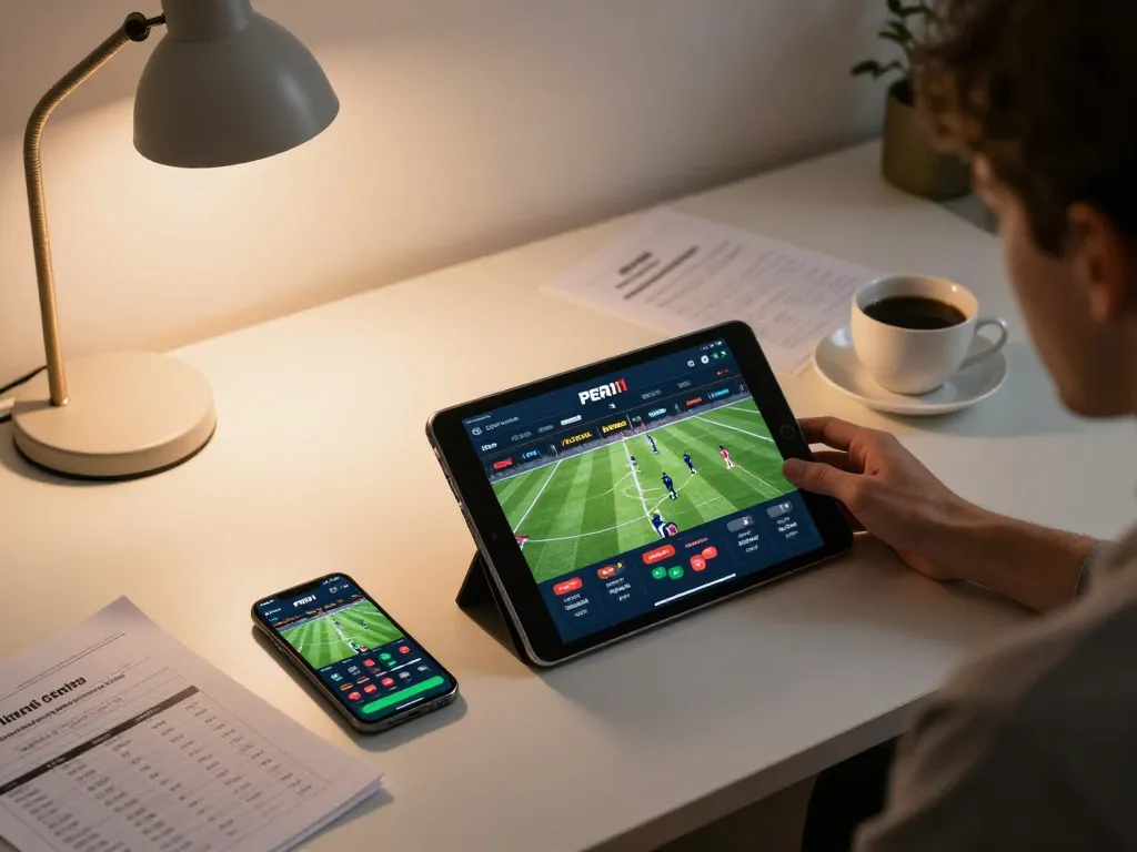 Player using PERI11 for online betting while analyzing their strategy and bankroll management.