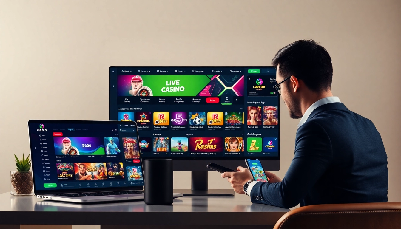 Engaging online betting experience on OKATM platform with vibrant interface and multiple devices.