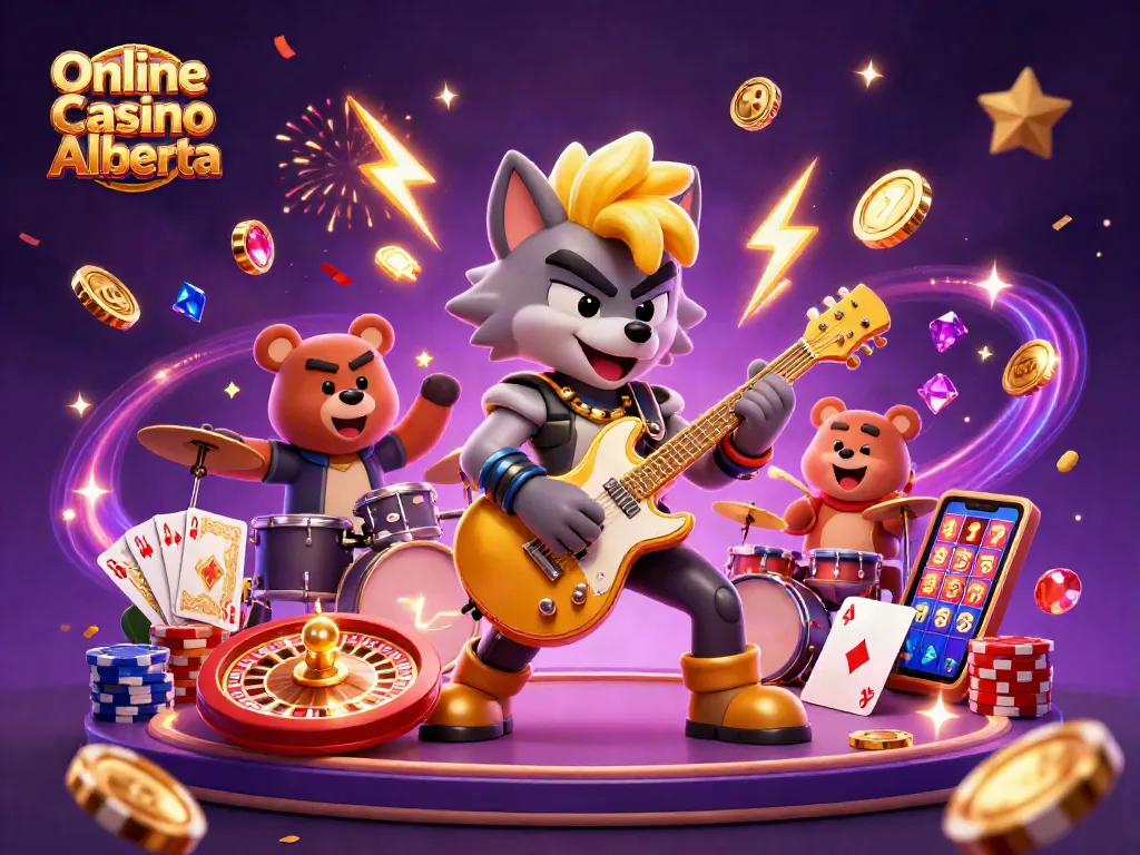 Experience thrilling gameplay at Online Casino Alberta with a rock star wolf and a drummer bear.