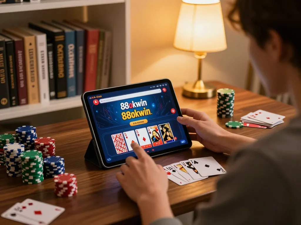 Player enjoying 88okwin online gaming experience with tablet and poker chips on table