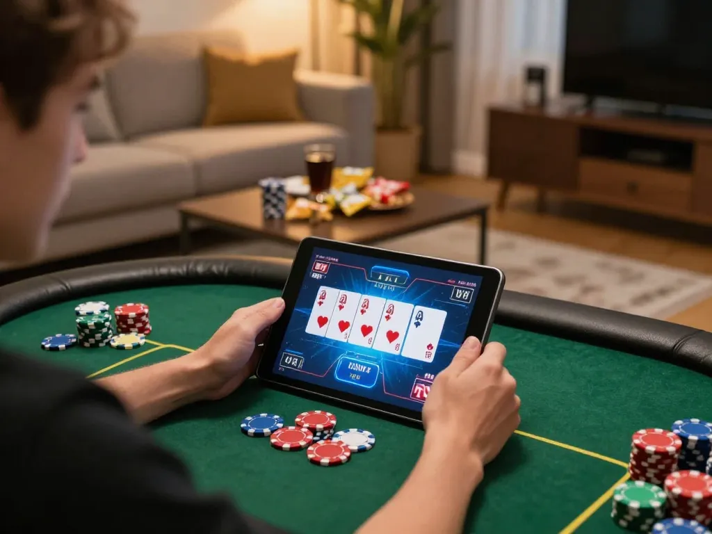 Engaging poker gameplay on a tablet while accessing Link SC88 for seamless betting.