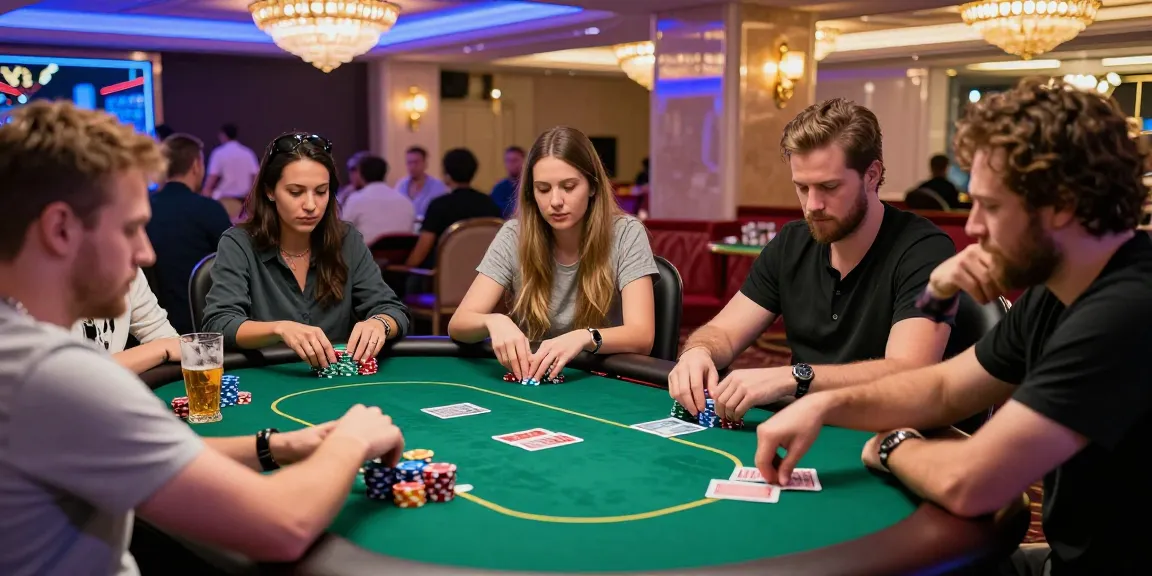 Para pemain poker88 menikmati permainan di meja kasino yang ramai.
