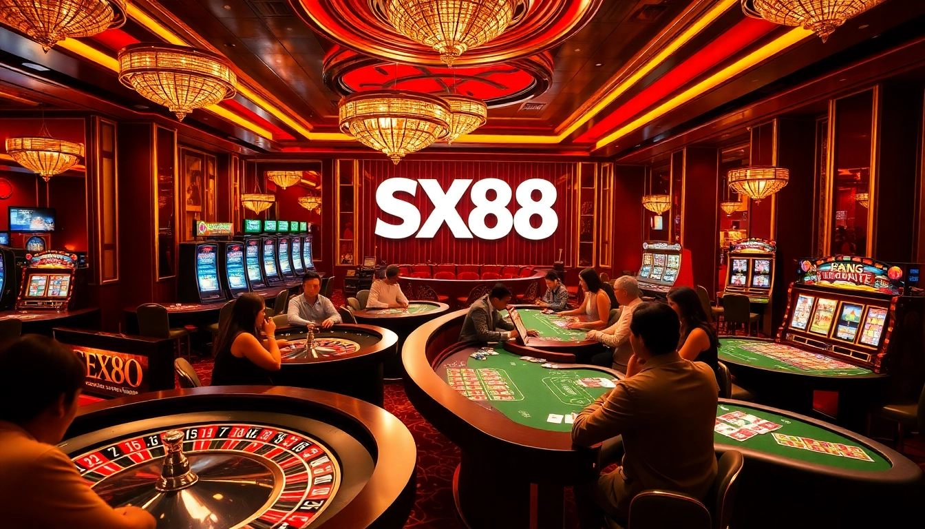 Exciting gameplay at SX88, featuring roulette wheels and poker tables in a luxurious casino atmosphere.