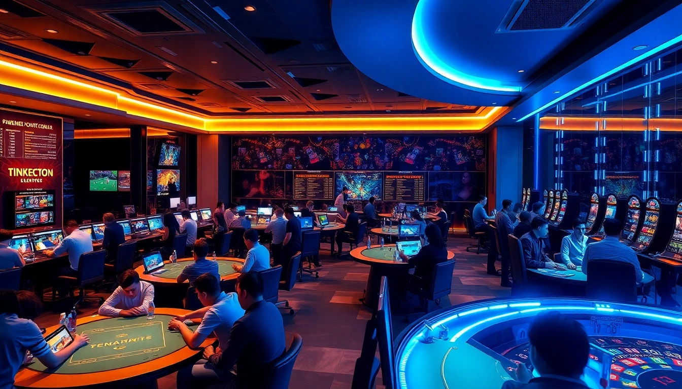 Energetic gaming lounge showcasing MM88's diverse online betting experience with luxury elements.