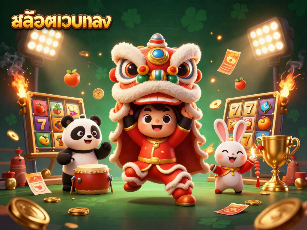 ภาพประกอบ 3D สล็อตเว็บตรง ที่มีตัวละครมังกรปีใหม่จีนและองค์ประกอบเกมสล็อตต่างๆ
