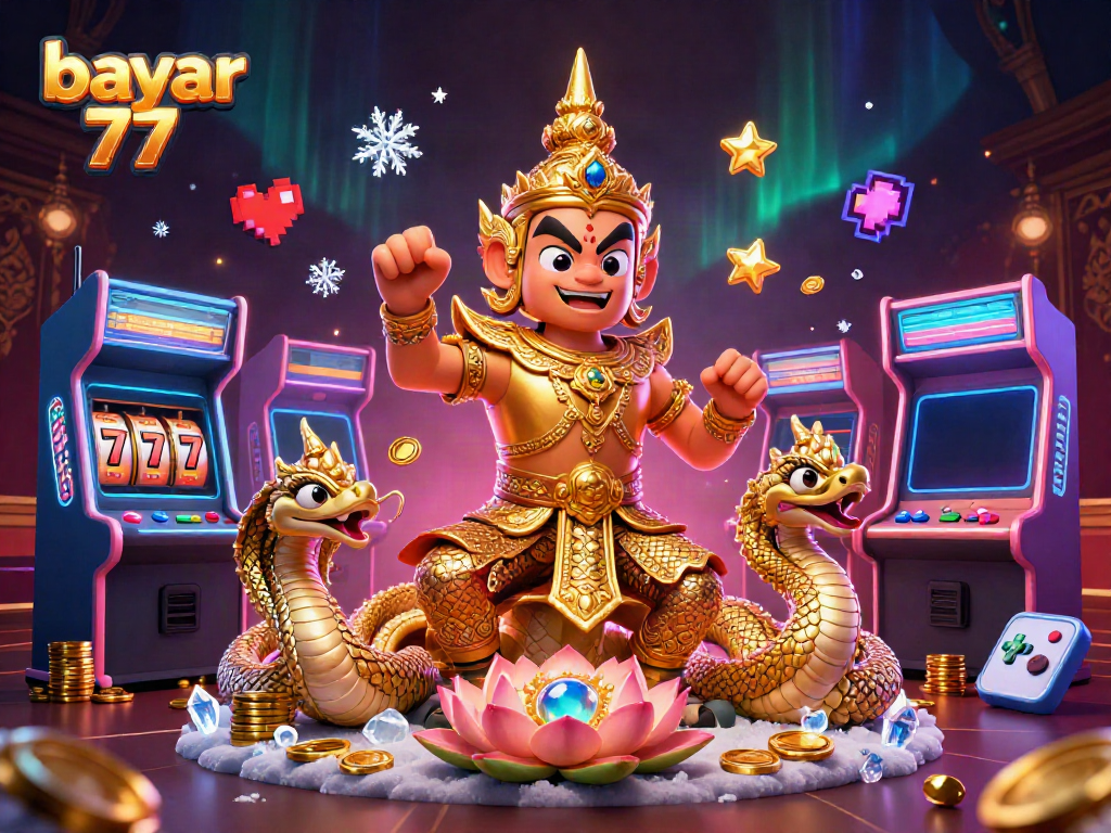 Engage with vibrant online gaming action through bayar 77 in a dynamic casino illustration.