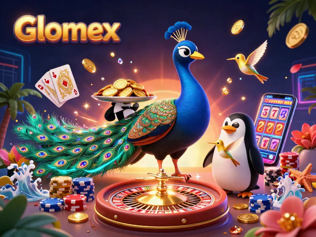 Spin to win with Glomex casino scene showcasing vibrant gambling elements and characters.