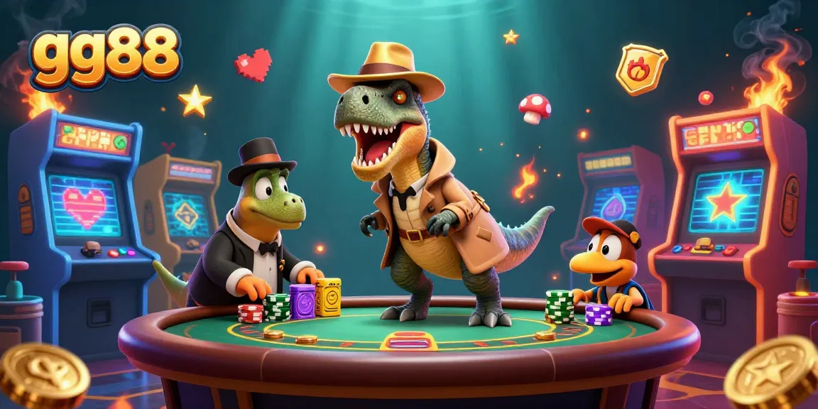 Winning with gg88: A colorful 3D illustration of a velociraptor card counter and friends in a casino scene.